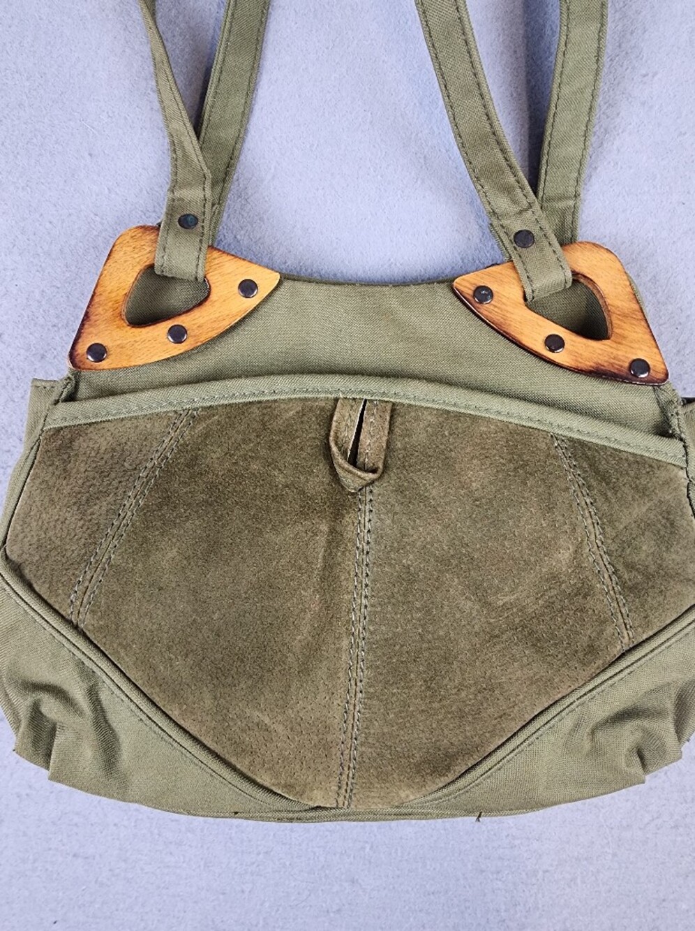 VTG Sassy Olive Canvas Shoulder Bag  Women's Tote Suede Zip Utility Wood - Picture 2 of 11